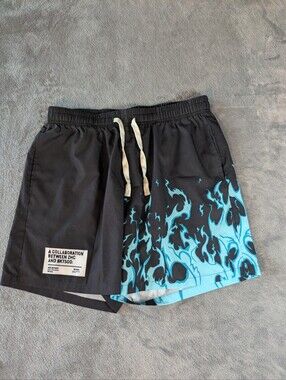 BKTSQD x ZHC Firestorm Shorts Mens Large Black Blue Flames
